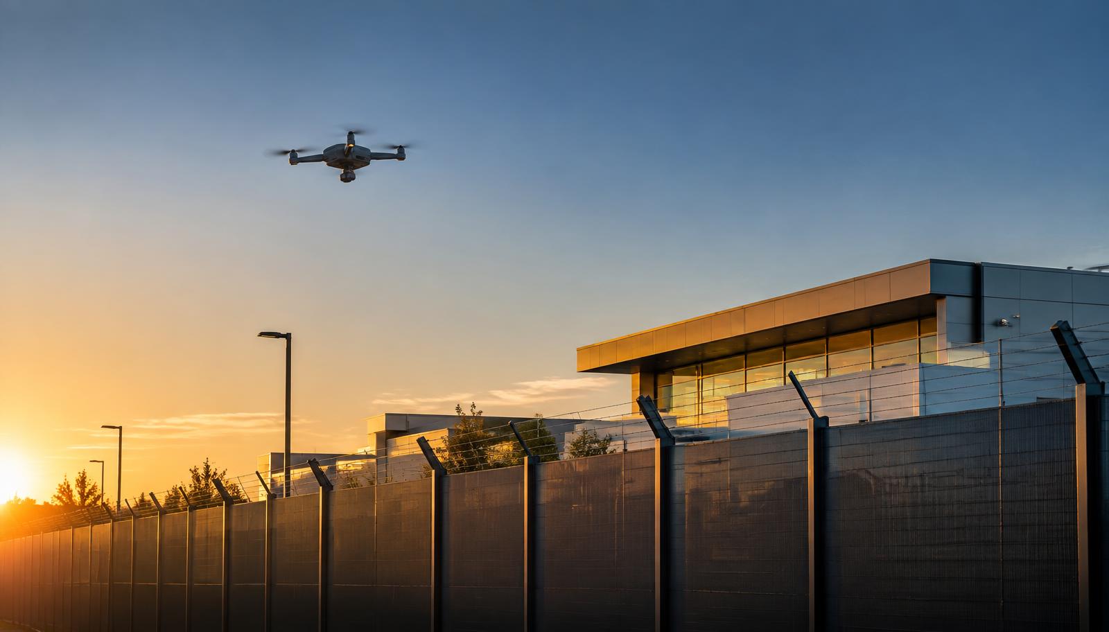 Small aerial system flying above a secure facility perimeter at golden hour