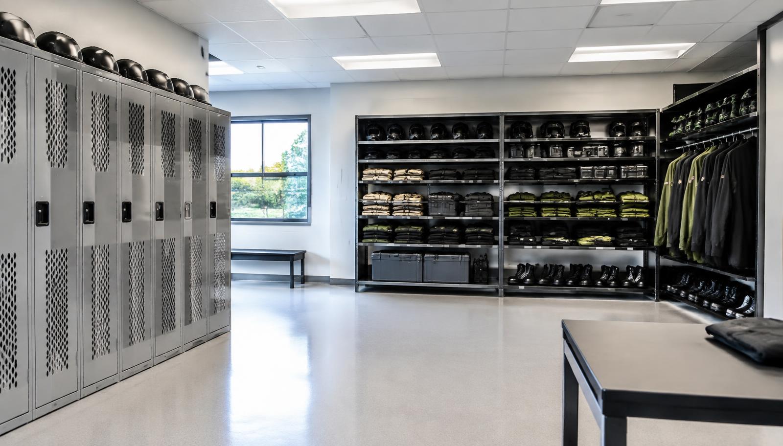 Clean modern equipment room with lockers and organized protective gear